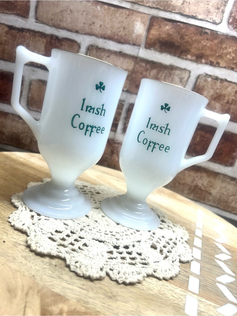 Vintage Irish Coffee Mugs Milk Glass Pedestal Footed. Gold rim. Set of 2